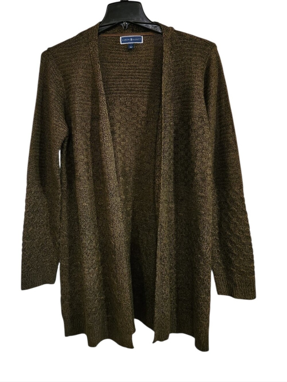 Karen Scott Olive Green Open Front Knit Cardigan Sweater Women's Size Large L
